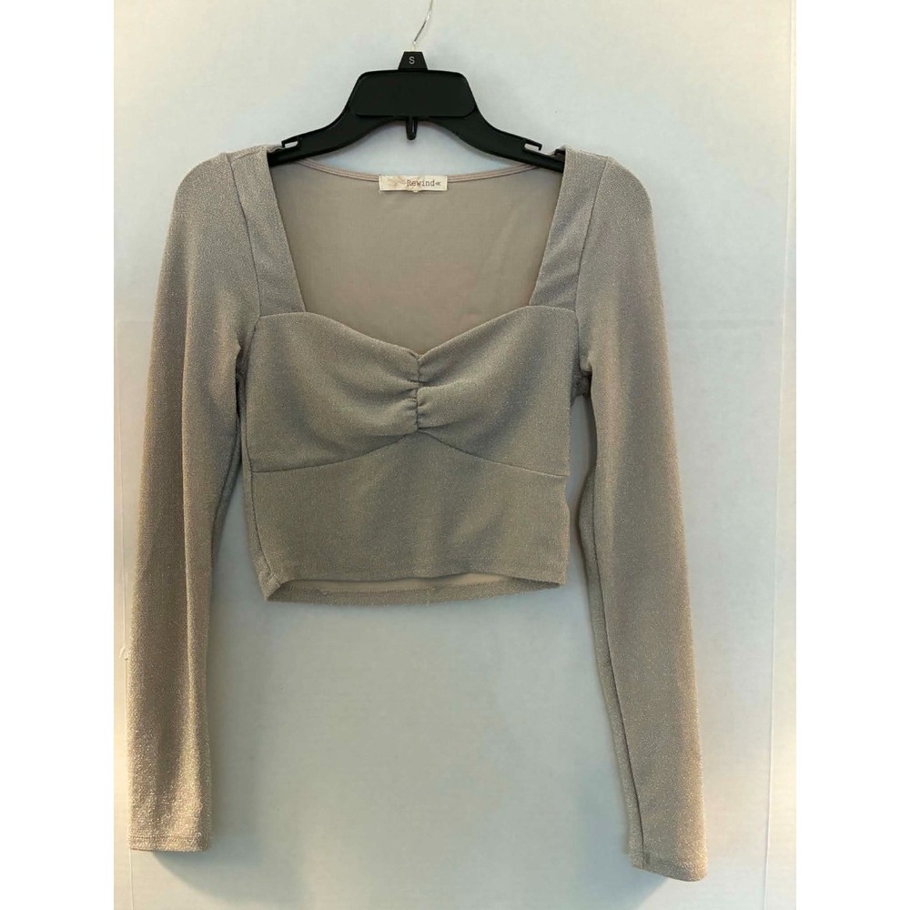 Rewind‎ Womens Small Silver Shimmer Crop Top Long Sleeve Sweetheart Y2K Party